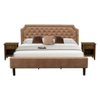 East West Furniture GB28K-2GA08 3-Piece Granbury Wooden Set for Bedroom with Button Tufted Bed Frame and 2 Antique Walnut Bedroom Nightstands - Brown faux Leather with Brown Texture and Black Legs