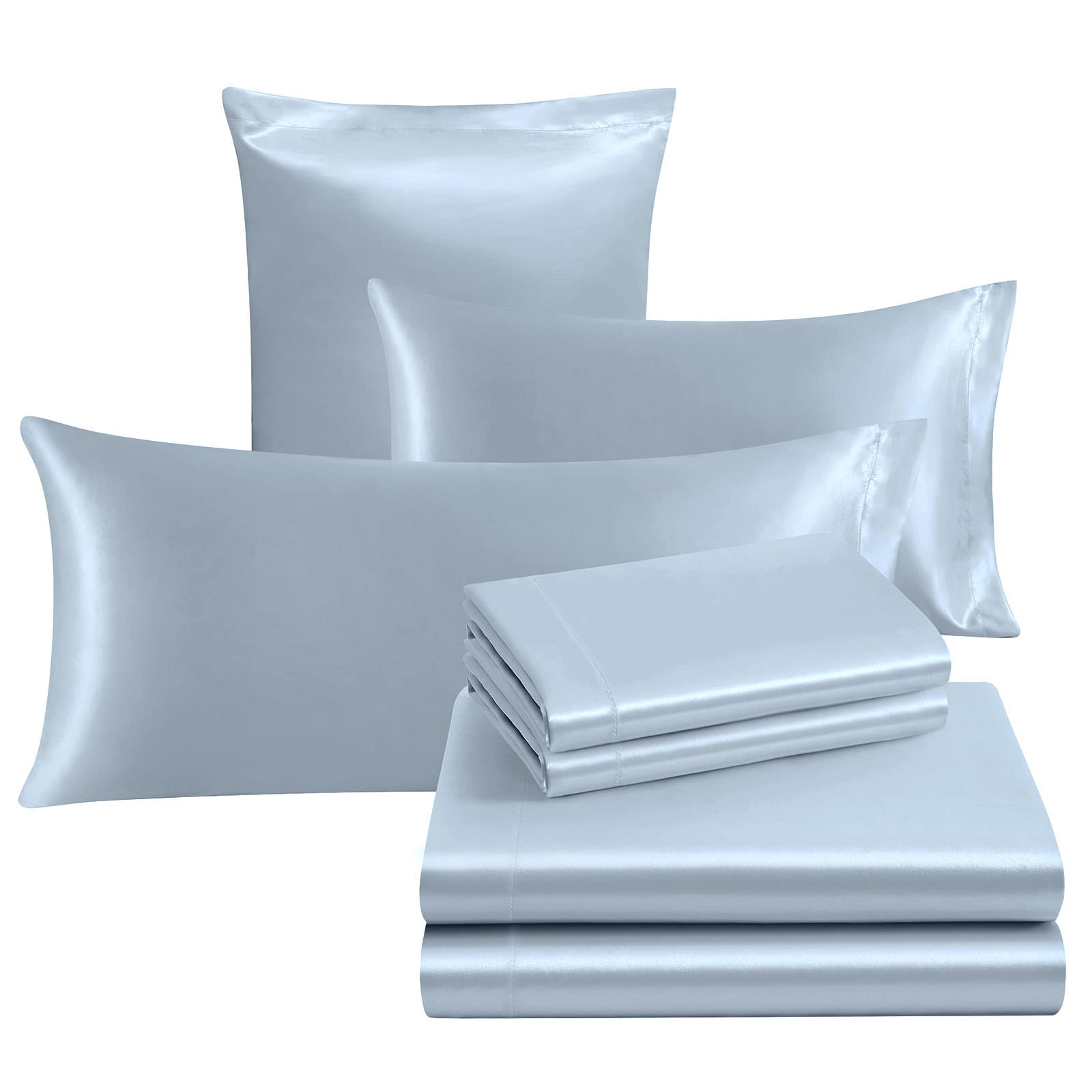 Ersmak 7 Pieces Satin Sheets Set Queen Size, Luxury Silky Light Blue Satin Bed Sheets Set With 1 Deep Pocket Fitted Sheet, 1 Sof