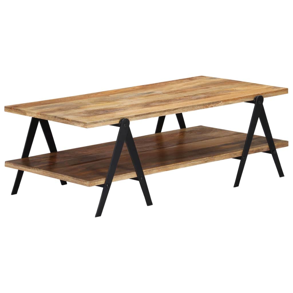 vidaXL Solid Mango Wood Coffee Table with 2 Layers, Powder-Coated Steel Legs, Polished and Lacquered - Rectangular, Industrial-Style, Brown