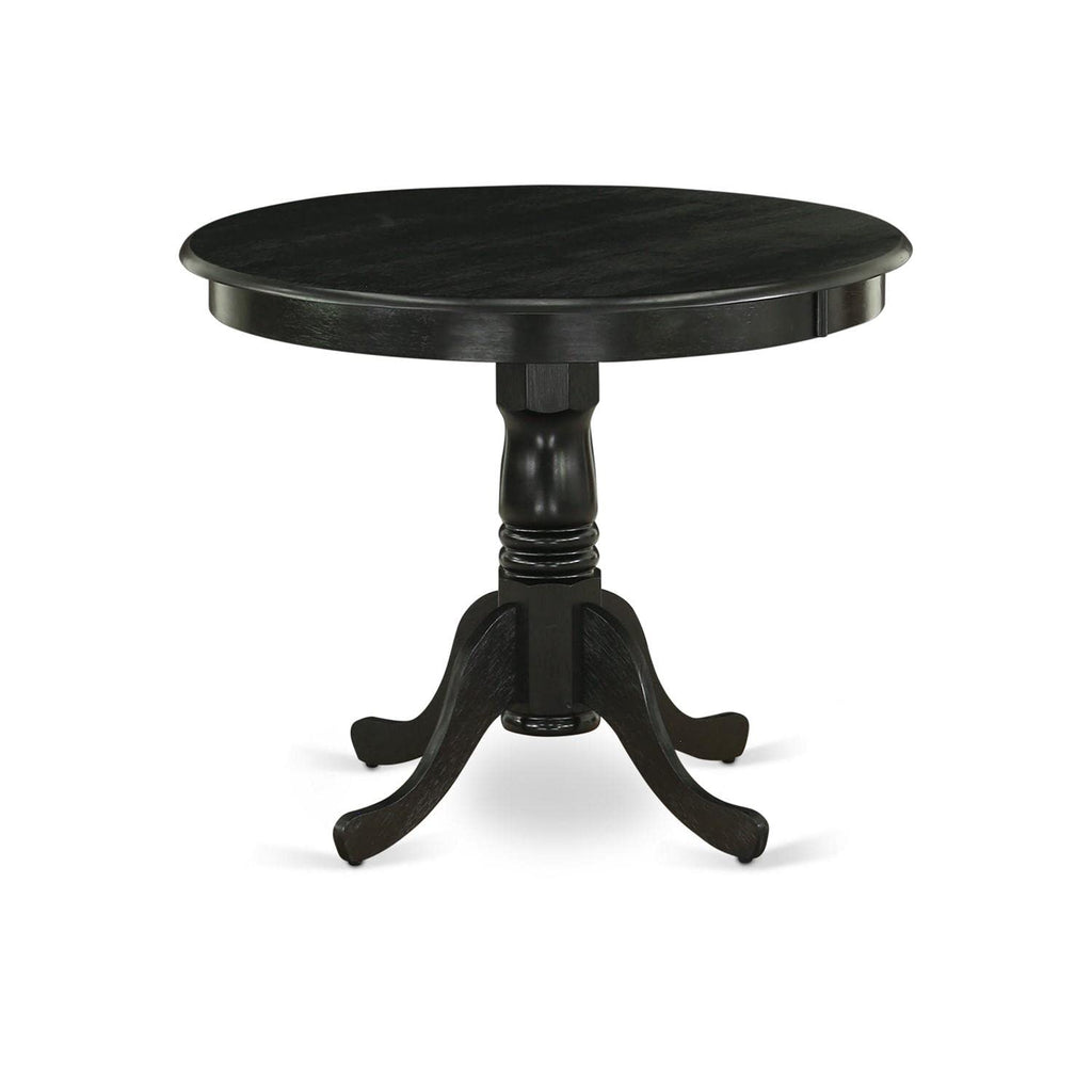 East West Furniture Anfl3-Abk-21 3 Piece Modern Dining Table Set Contains A Round Kitchen Table With Pedestal And 2 Blue Linen Fabric Parson Dining Chairs, 36X36 Inch, Wirebrushed Black