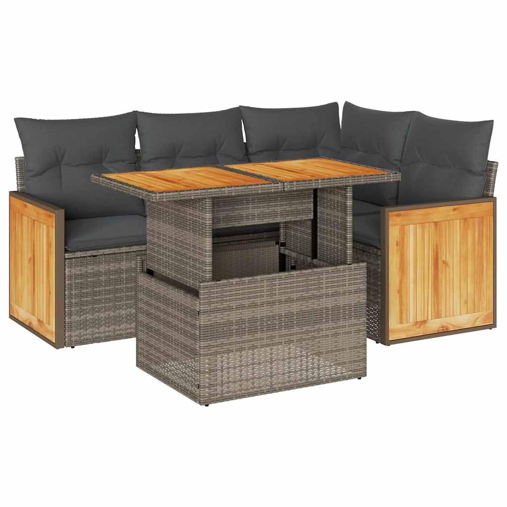 vidaXL 5 Piece Patio Sofa Set with Cushions Gray Poly Rattan Acacia