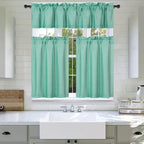 3Pc Set Solid Faux Silk Lined Blackout Rod Pocket Small Kitchen Window Curtain with Valance (K3) (Mint Green)