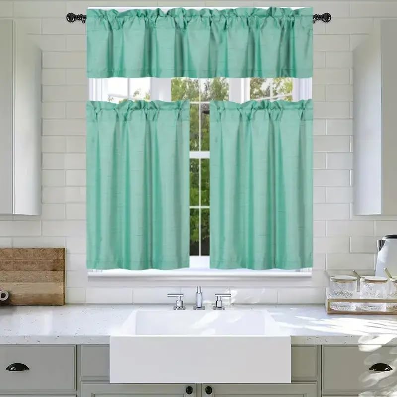 3Pc Set Solid Faux Silk Lined Blackout Rod Pocket Small Kitchen Window Curtain with Valance (K3) (Mint Green)