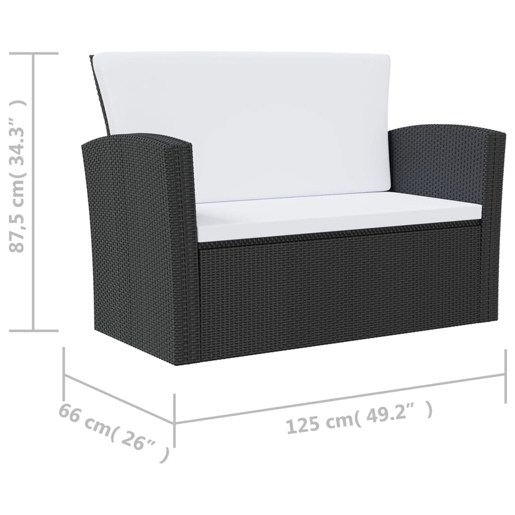 vidaXL 4 Piece Outdoor Patio Lounge Set - Powder Coated Steel Frame and Poly Rattan Construction with Water-Repellent Cushions and Glass Table Top - Black and Cream White