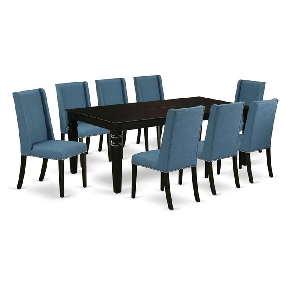 East West Furniture Lgfl9-Blk-21 9 Piece Kitchen Table Set Includes A Rectangle Dining Table With Butterfly Leaf And 8 Blue Linen Fabric Parson Dining Chairs, 42X84 Inch, Black