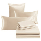 Ersmak 7 Pieces Satin Sheets Set California King Size, Luxury Silky Beige Satin Bed Sheets Set With 1 Deep Pocket Fitted Sheet,