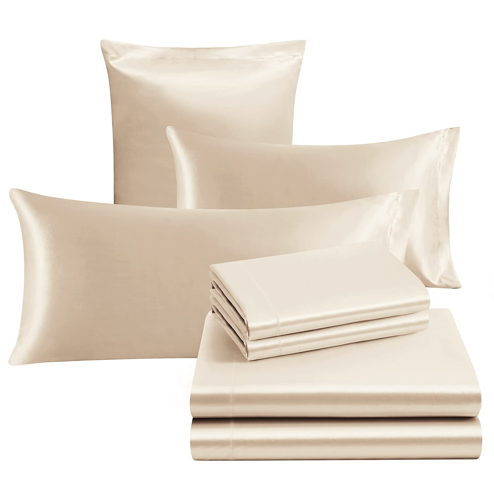 Ersmak 7 Pieces Satin Sheets Set California King Size, Luxury Silky Beige Satin Bed Sheets Set With 1 Deep Pocket Fitted Sheet,
