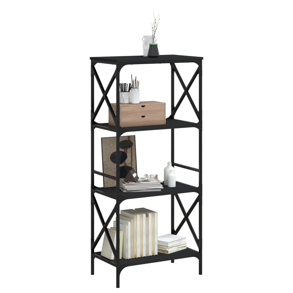 vidaXL 4-Tier Bookcase in Black - Engineered Wood Construction with Industrial Metal Frame, Ample Space, and Adjustable Feet