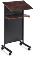 Audio-Visual Direct Wheeled Lectern Podium - Standing Desk with Storage Shelf - Cherry/Black - Ideal for Presentations and Lapto