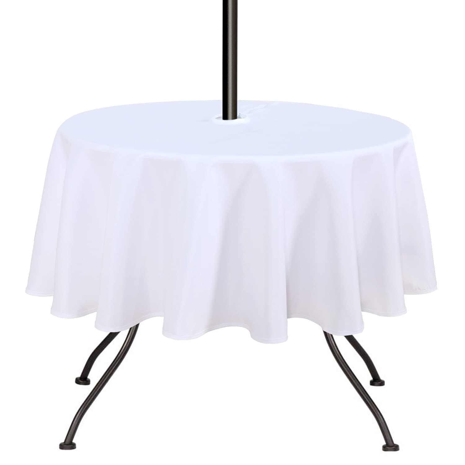 Saraflora Outdoor And Indoor Tablecloth -60 Inch Round, White Wrinkle Free Washable Waterproof Table Cloth With Umbrella Hole And Zipper Round Table Cover For Spring/Summer/Patio/Picnic/Bbqs/Party