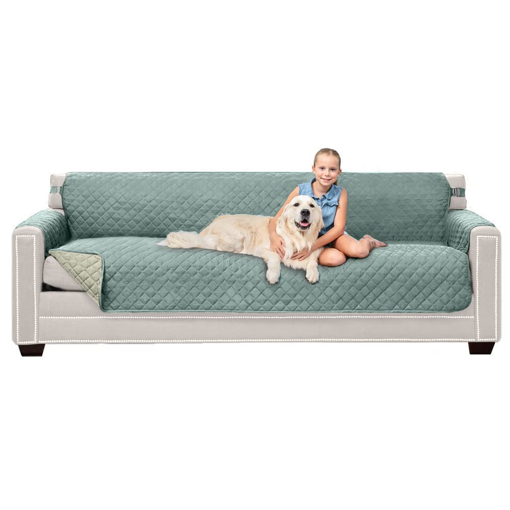 Sofa Shield Patented Couch Cover, Large Furniture Protector With Straps, Reversible Tear And Stain Resistant Slipcovers, Quilted Microfiber 88” Seat, Washable Covers For Dogs, Kids, Seafoam Cream