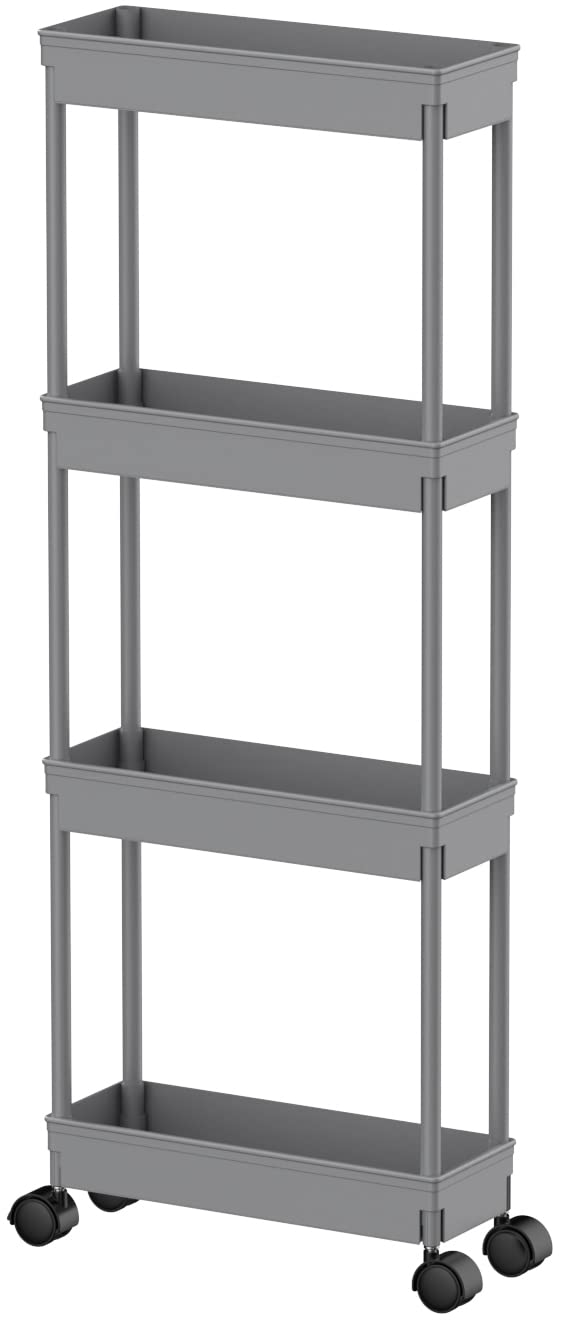 Sooyee 4 Tier Slim Storage Cart,Rolling Storage Cart,Narrow Shelf,Bathroom Rack,Mobile Shelving Unit Organizer for Kitchen, Bath