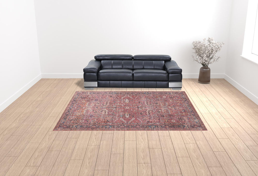 HomeRoots 522424 9 x 12 ft. Brick Red Floral Power Loom Distressed Rectangle Area Rug