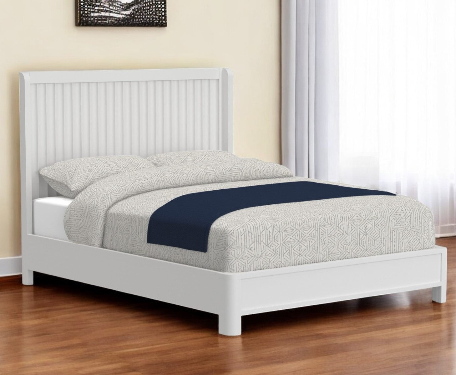 White Ribbed Texture Solid Wood California King Bed Frame