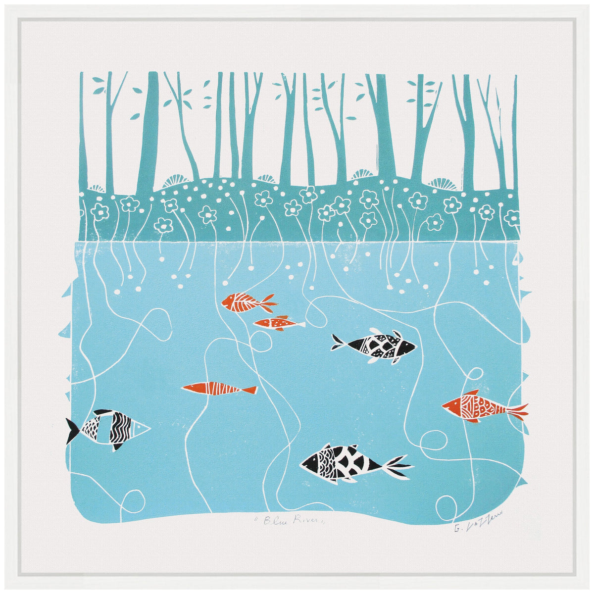 Sylvie Coastal Blue River Linocut Framed Canvas by Giuliana Lazzerini