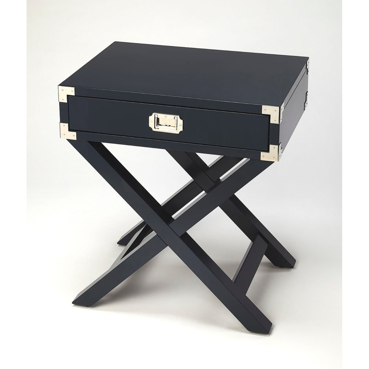 Elegant Campaign Style Side Table With Xsupports And Spacious Drawer  Timeless Finish, Silver Hardware  Versatile Storage Sol