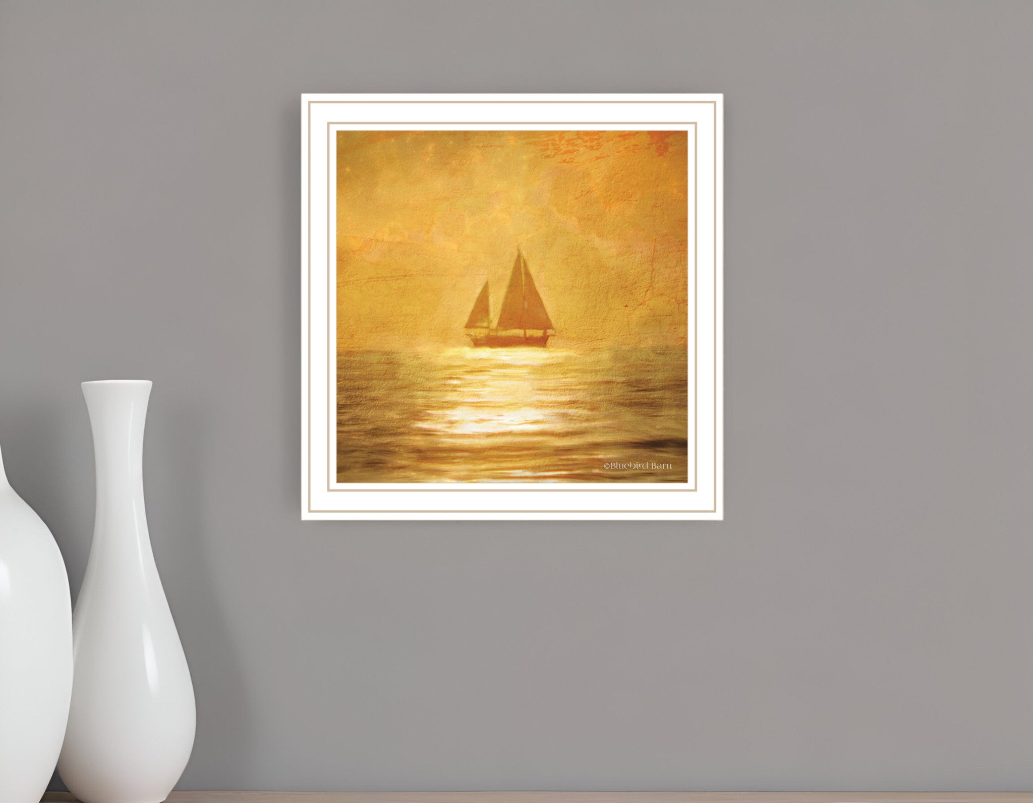 Solo Gold Sunset Sailboat White Framed Print Wall Art