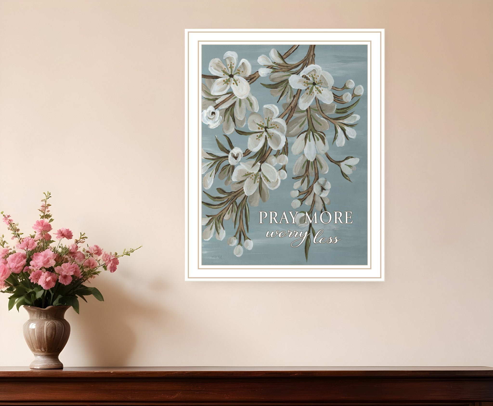 Pray More Worry Less White Framed Print Wall Art