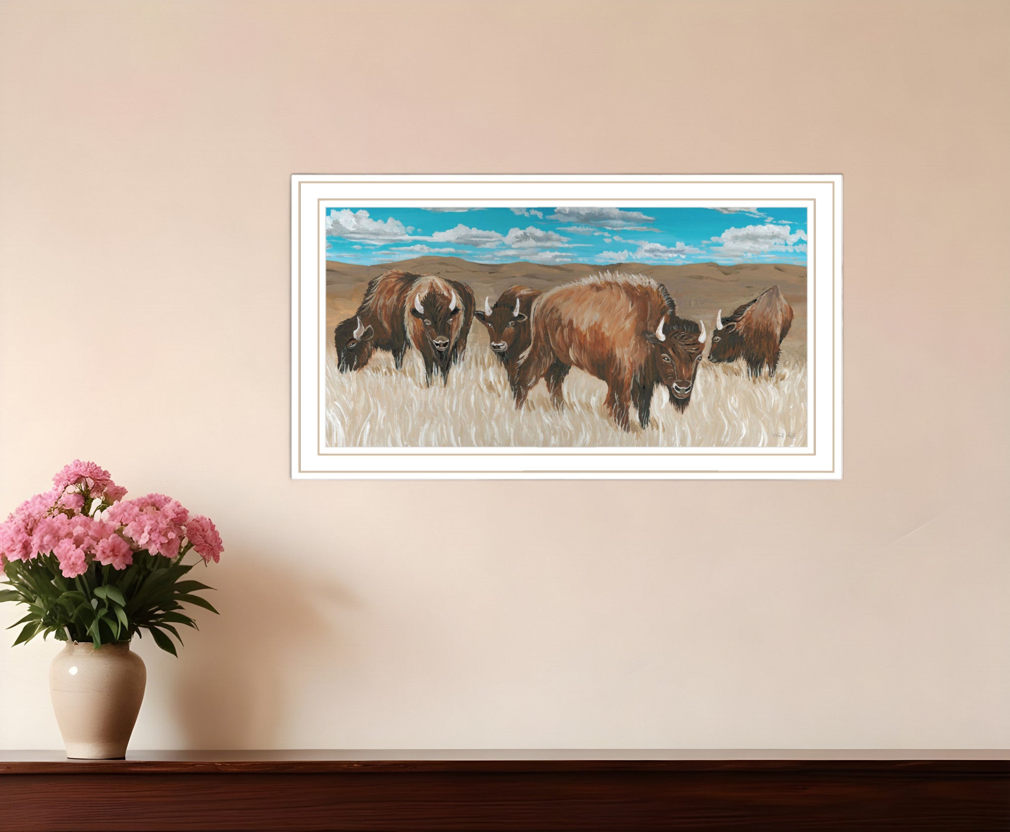Bison Herd White Framed Print Wall Art