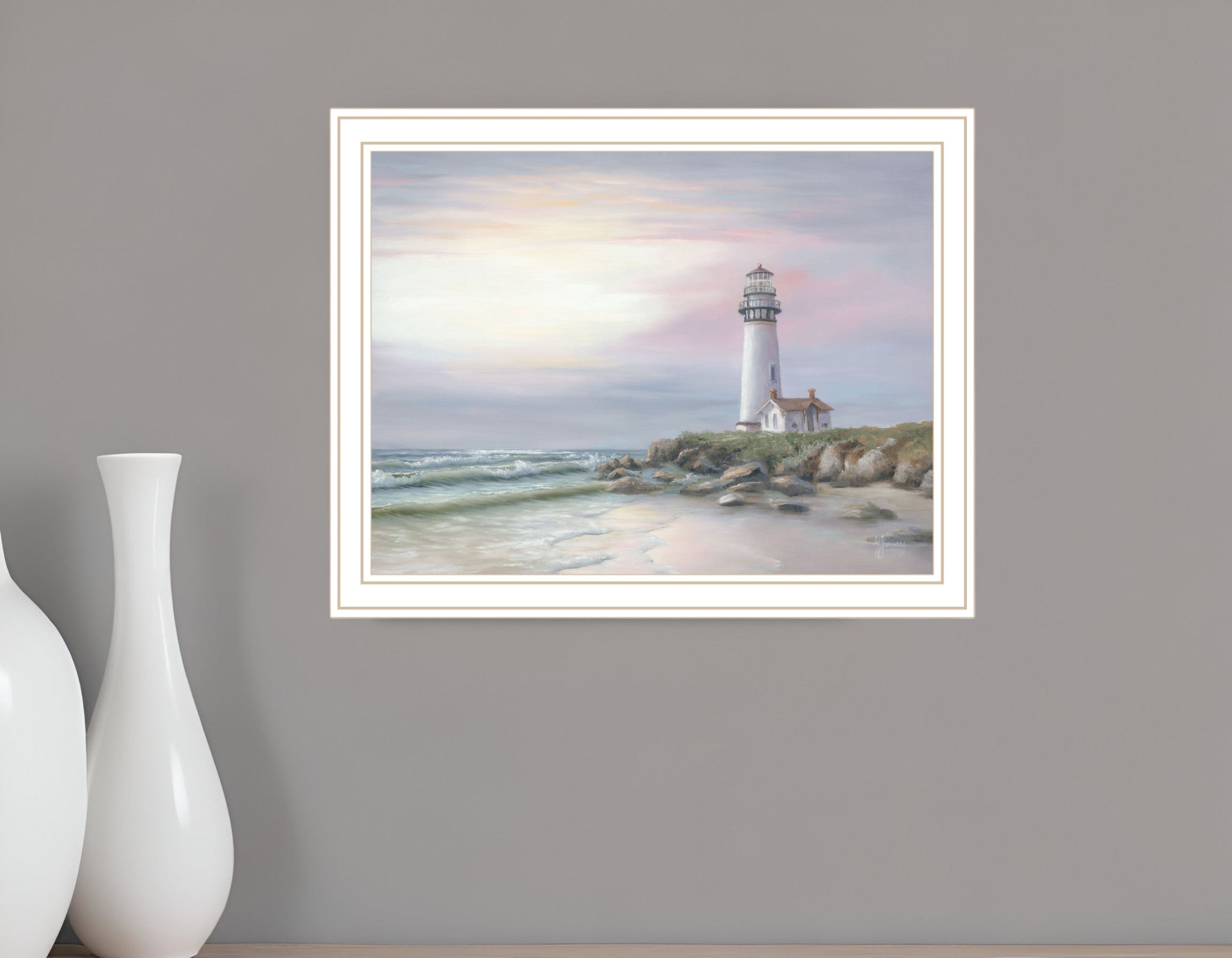 Lighthouse at Sunset White Framed Print Wall Art
