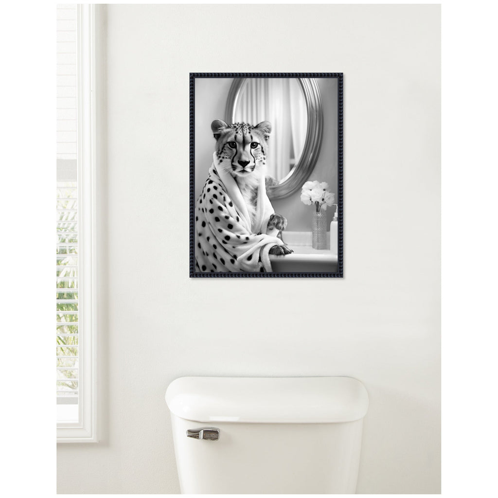 Sylvie Cheetah Glam Bathroom Towel Robe Black and White Framed Canvas by The Creative Bunch Studio