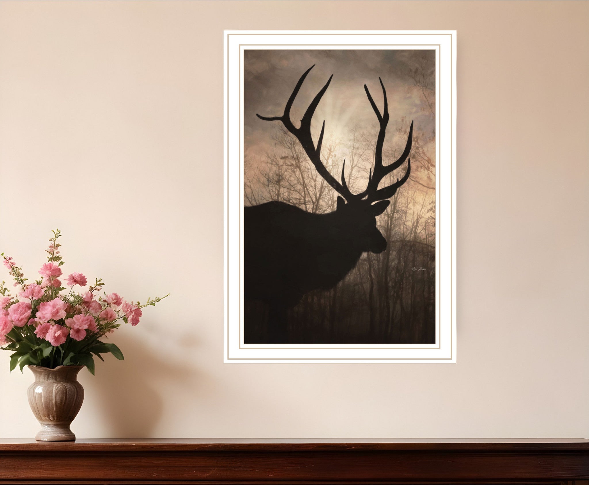 Elk Sunrise White Framed Print Wall Art