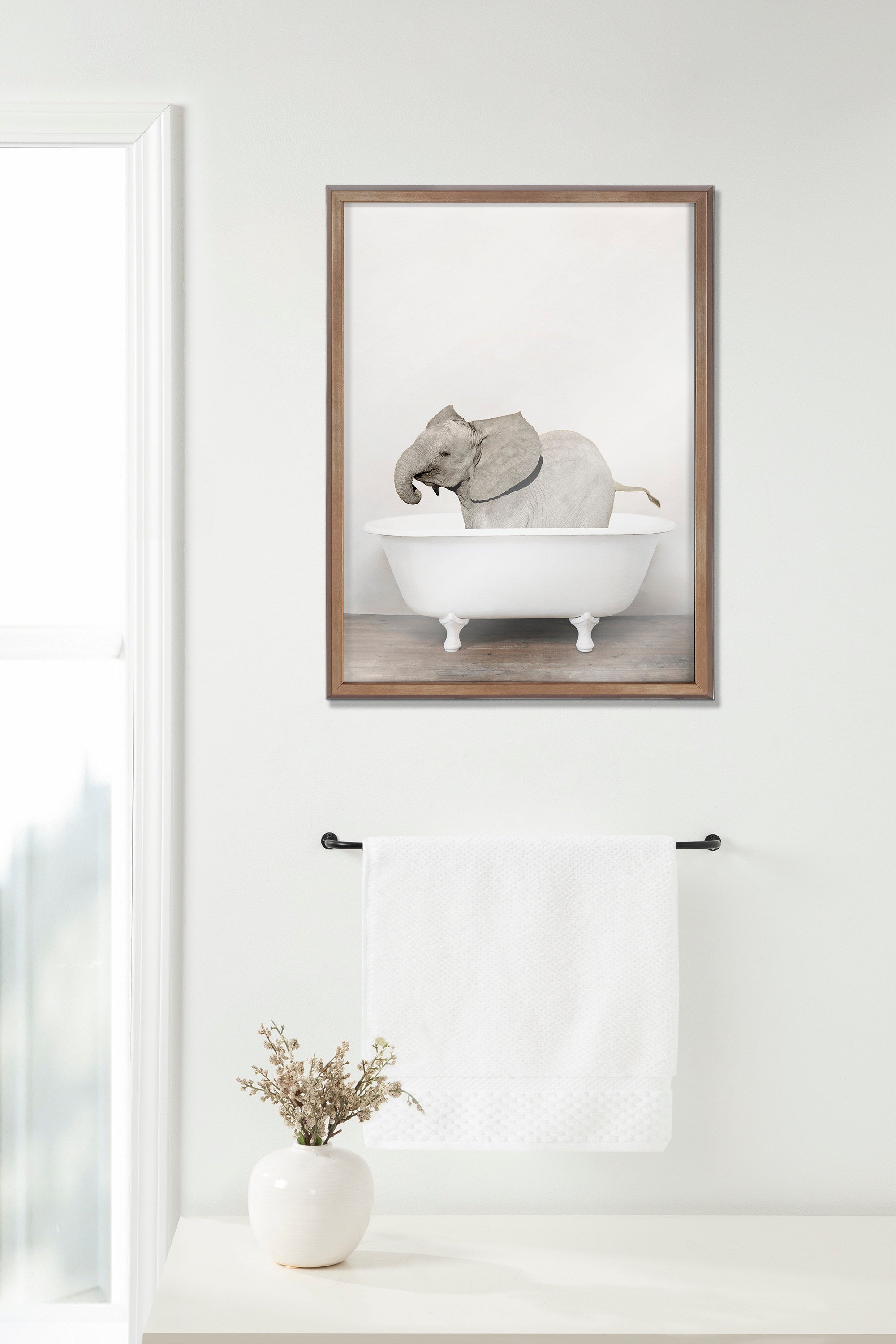 Blake Baby Elephant in the Tub Color Framed Printed Glass by Amy Peterson Art Studio