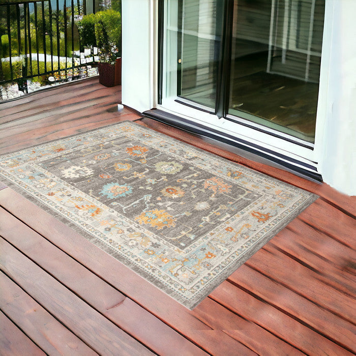 2' X 3' Gray And Orange Floral Stain Resistant Indoor Outdoor Area Rug