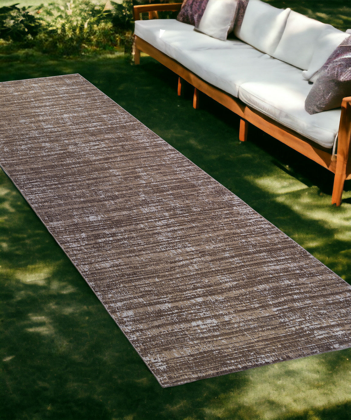 8' Runner Brown And Ivory Striped Stain Resistant Indoor Outdoor Runner Rug