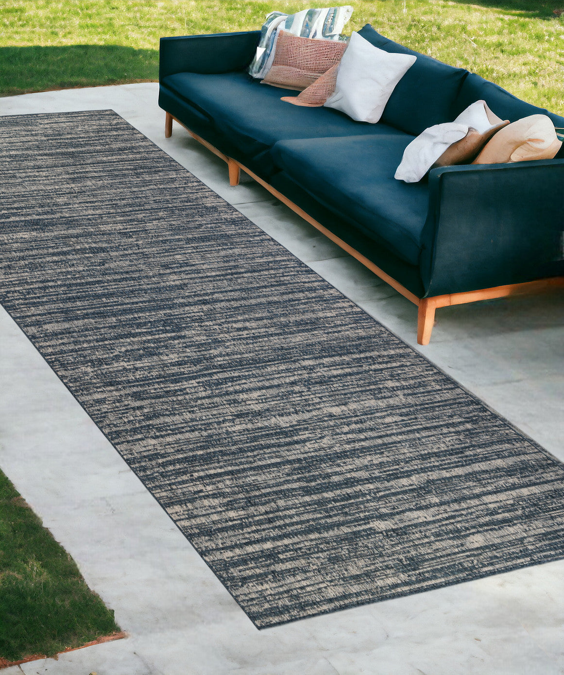 8' Runner Gray And Blue Striped Stain Resistant Indoor Outdoor Runner Rug
