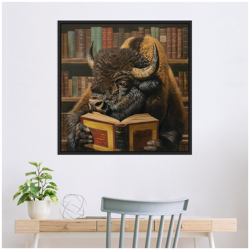 Sylvie Traditional Buffalo Reading in Library Framed Canvas by The Creative Bunch Studio