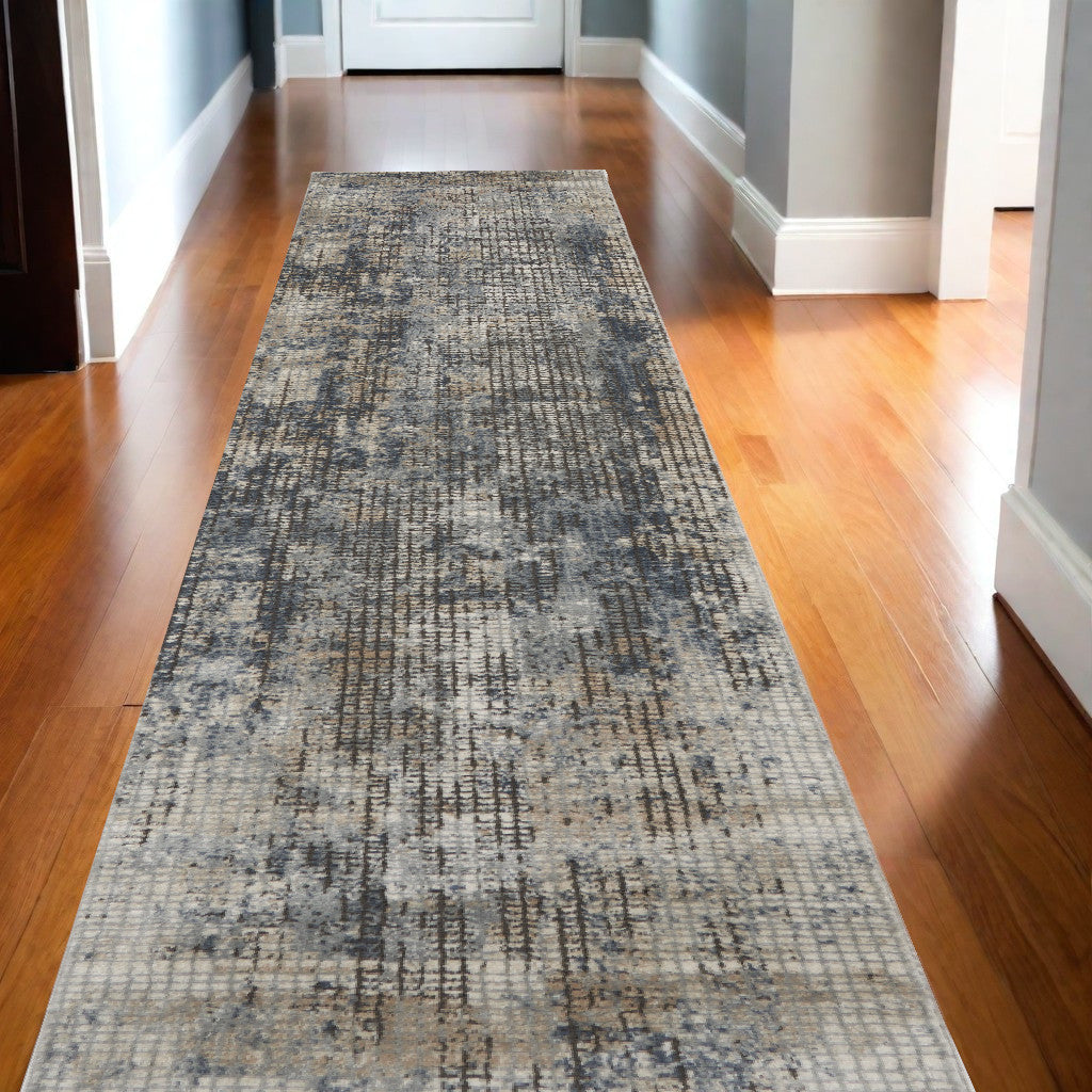 10' Beige And Blue Abstract Distressed Runner Rug