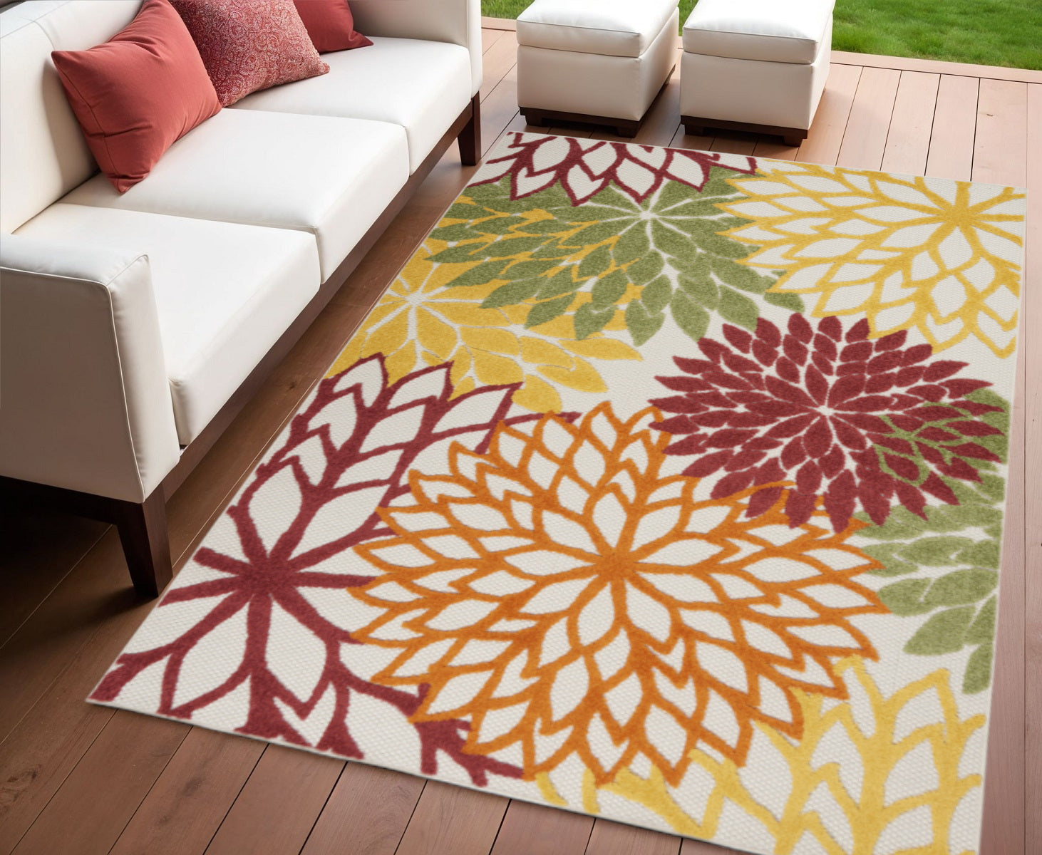 4 X 6 Red Yellow Green Orange And Ivory Floral Indoor Outdoor Area Rug