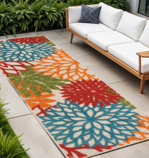 10 Green Orange Ivory And Blue Floral Indoor Outdoor Runner Rug