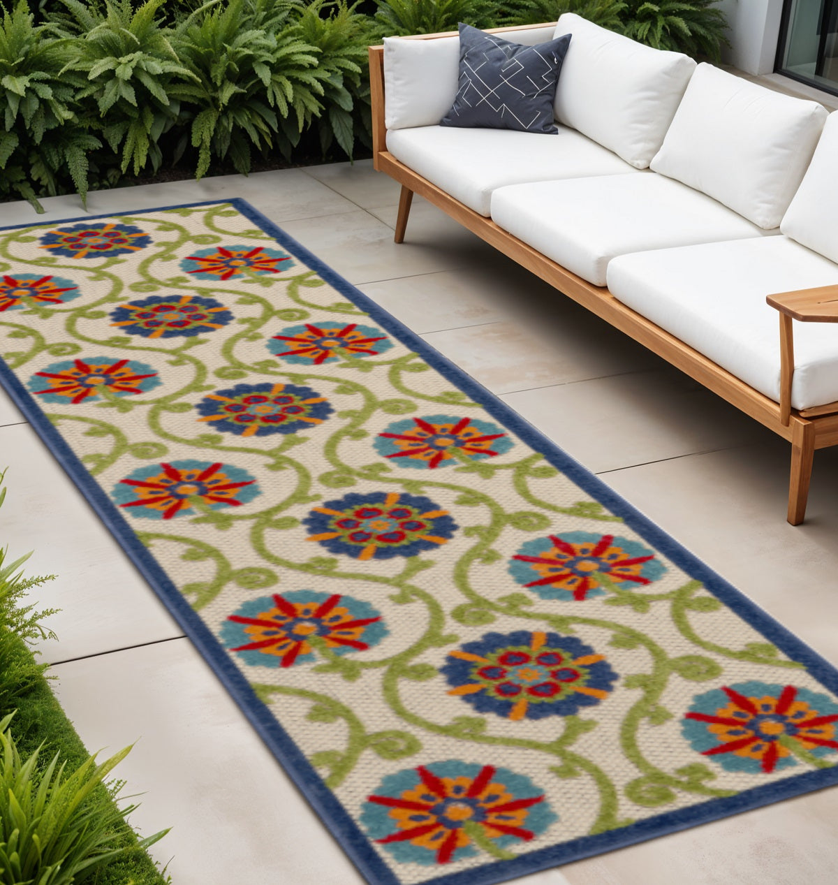 10 Navy Blue Beige Green Blue And Red Floral Indoor Outdoor Runner Rug