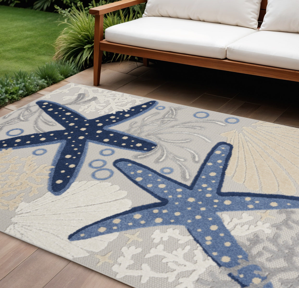 8 X 11 Blue And Gray Starfish Indoor Outdoor Area Rug
