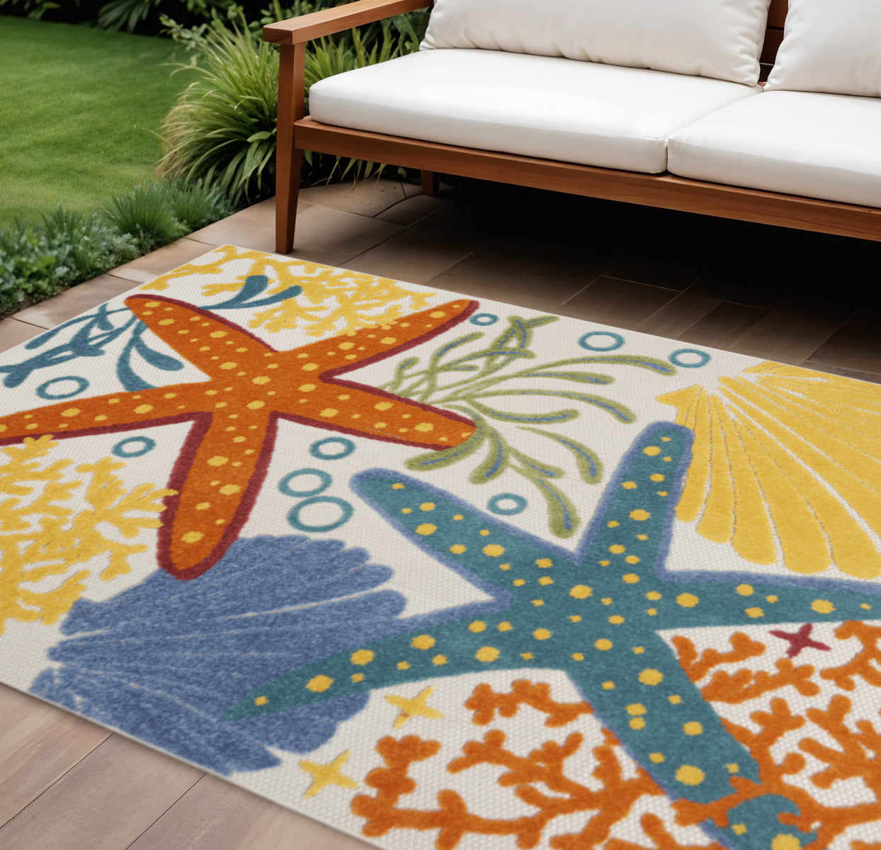7 X 10 Blue Yellow And Orange Starfish Indoor Outdoor Area Rug