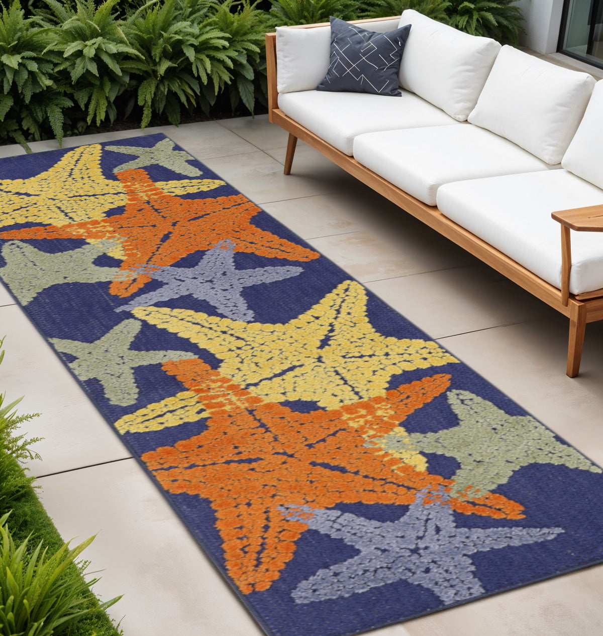 8 Blue Yellow And Orange Starfish Indoor Outdoor Runner Rug
