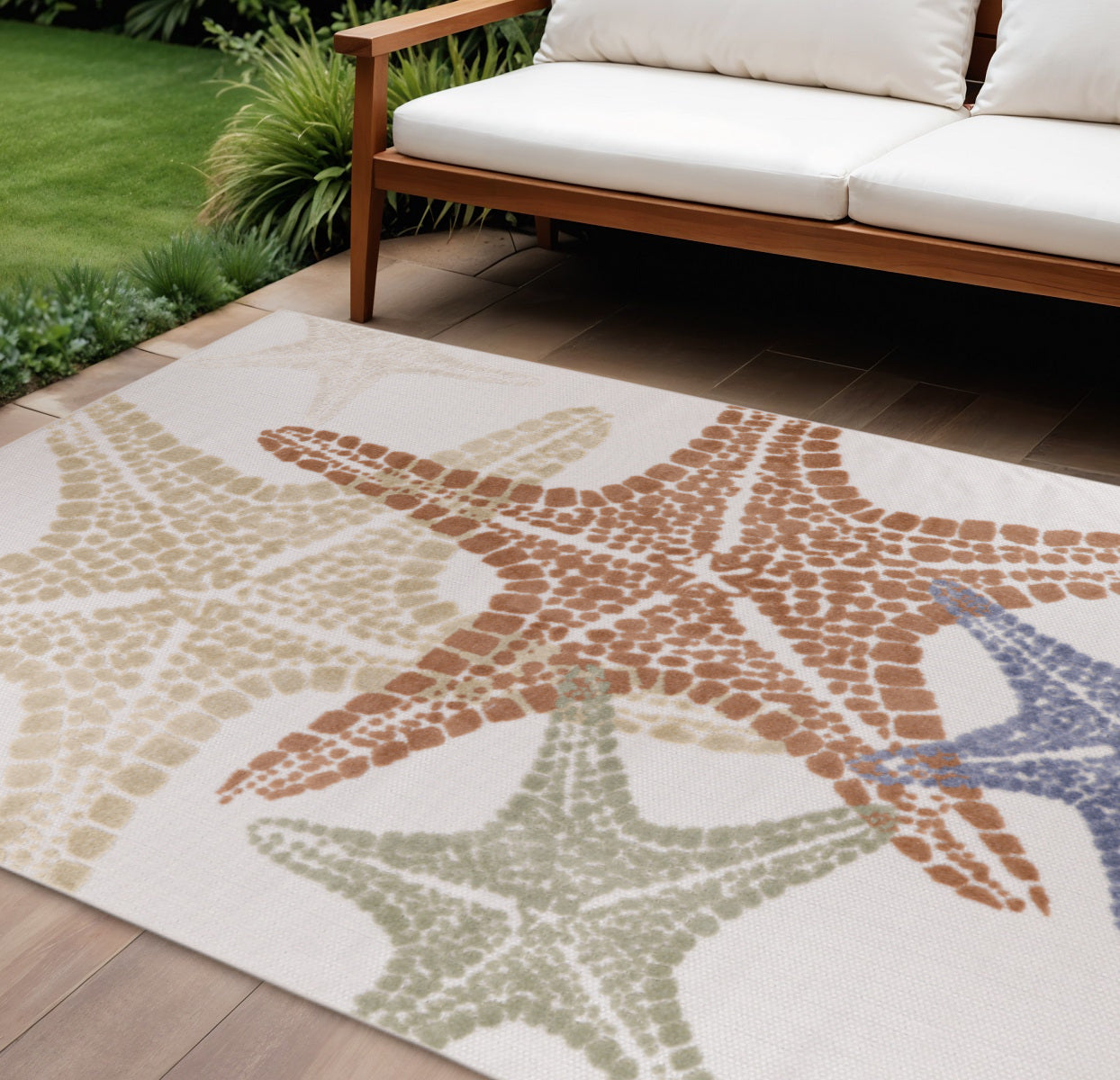 8 X 11 Ivory Yellow Orange And Green Starfish Indoor Outdoor Area Rug
