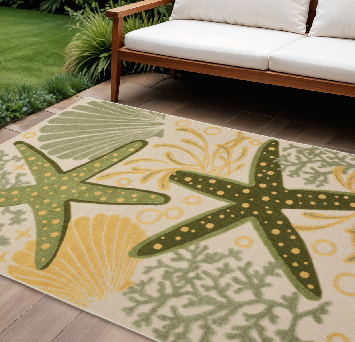 8 X 11 Ivory Green And Yellow Starfish Indoor Outdoor Area Rug