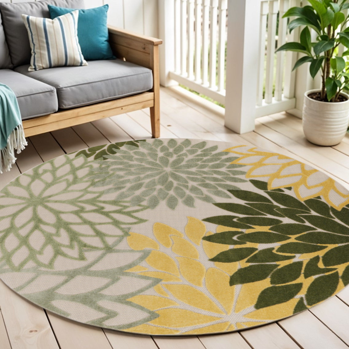 5 Green Yellow Ivory And Dark Green Round Floral Indoor Outdoor Area Rug