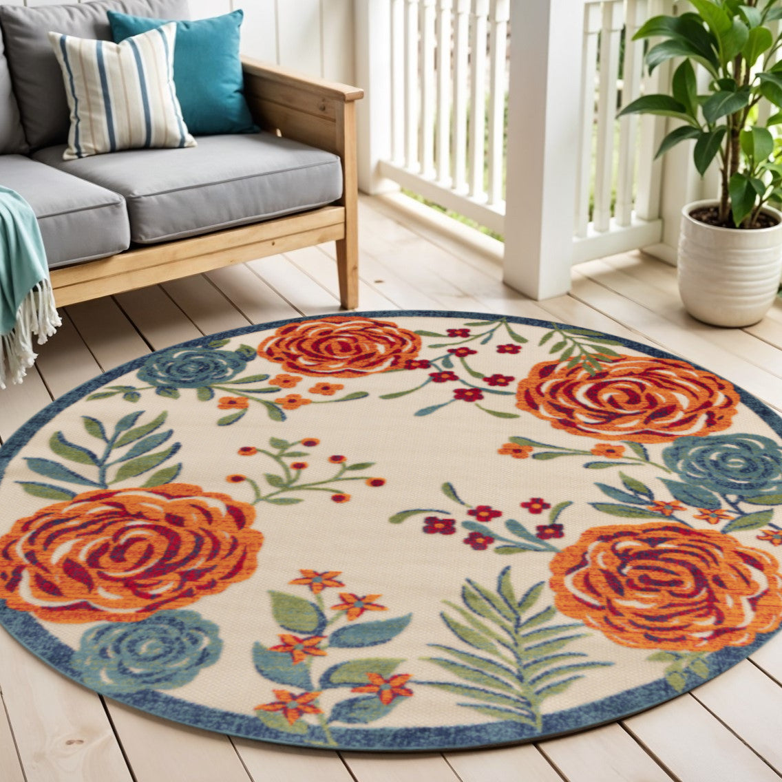 5 Ivory Orange Blue And Green Round Floral Indoor Outdoor Area Rug