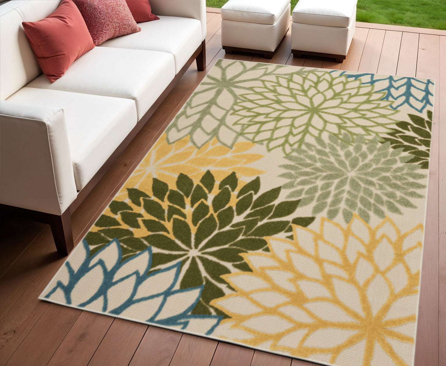 4 X 6 Ivory Green Blue And Yellow Floral Indoor Outdoor Area Rug