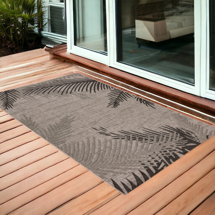3' X 5' Black And Taupe Palm Leaf Stain Resistant Indoor Outdoor Area Rug