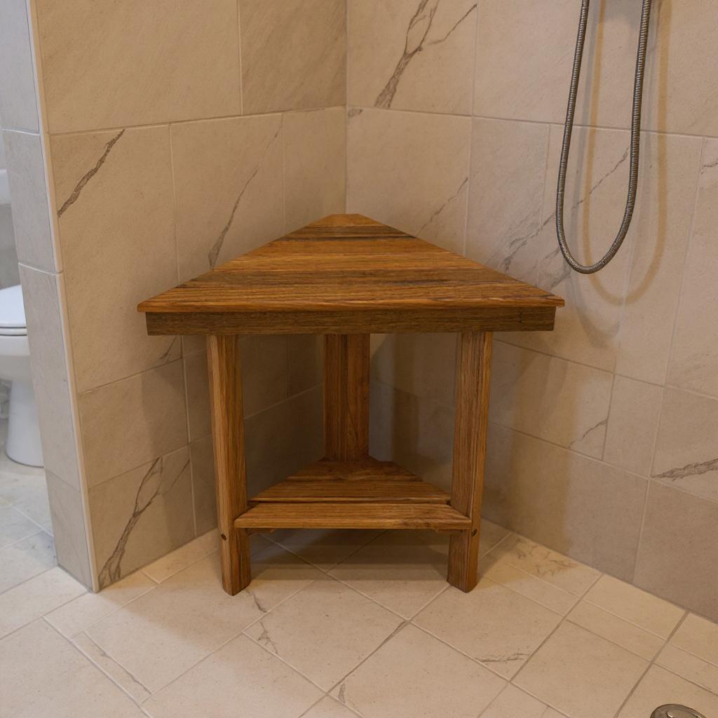 18 X 17 Brown Teak Corner Shower Bench With Shelf