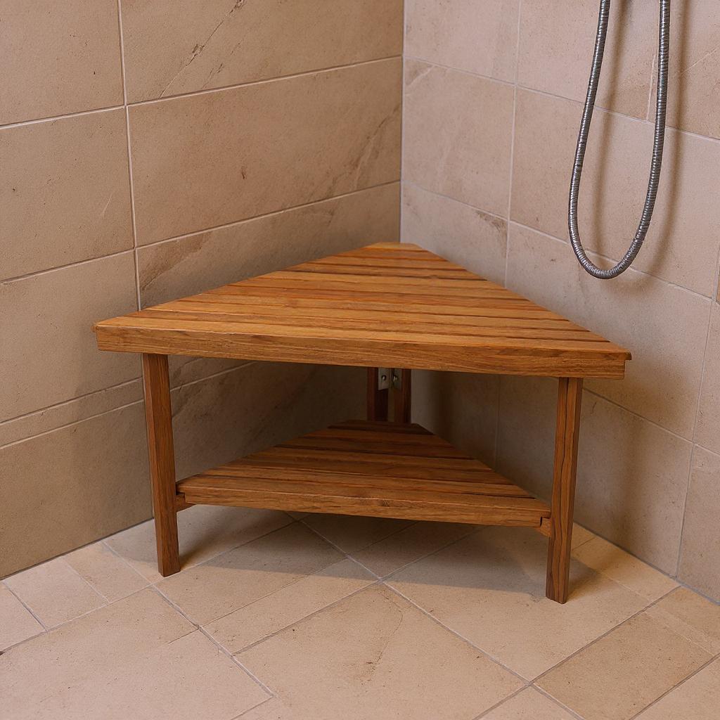 18 X 31 Brown Teak Corner Shower Bench With Shelf