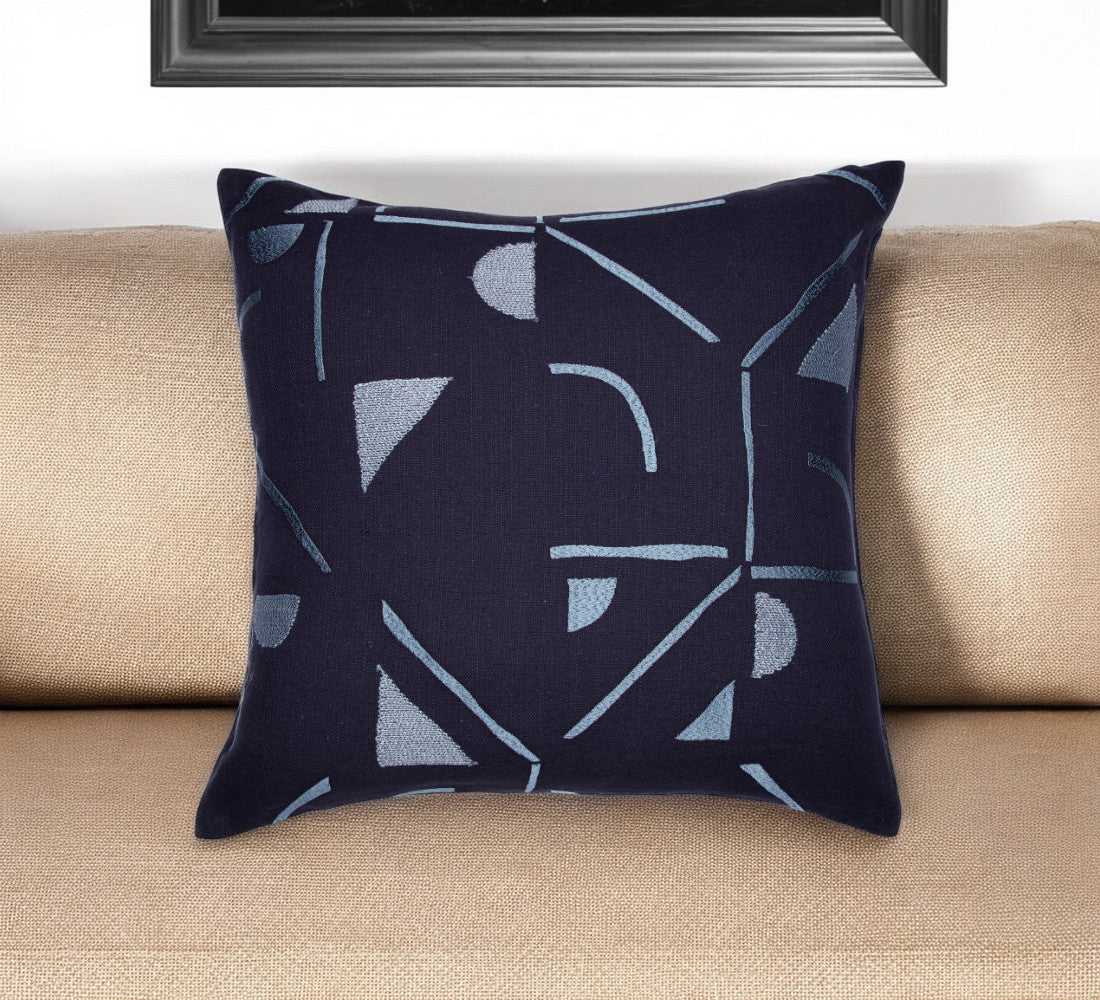 20'' Blue Geometric Cotton Blend Throw Pillow With Embroidery