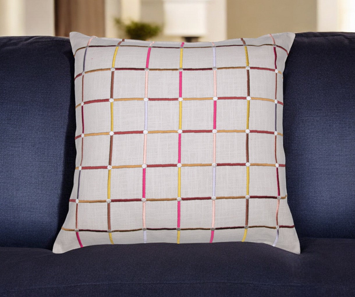 24'' White Check Cotton Blend Throw Pillow With Embroidery