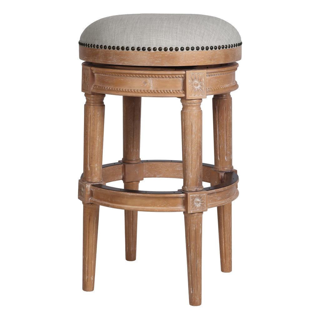 31 Beige And Natural Solid Wood Swivel Backless Bar Height Bar Chair