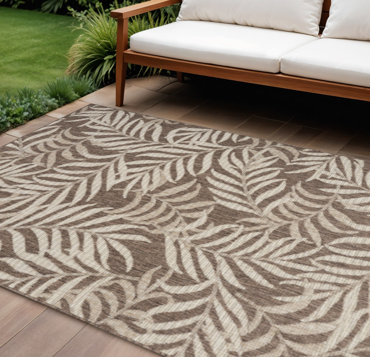 6 X 9 Brown And Ivory Palm Leaf Indoor Outdoor Area Rug